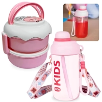 Kit Garrafa Rosa 660ml Squeeze com Ala e Canudo + Lancheira Infantil com Talheres 2 Andares Rosa