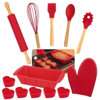 Kit Utensilios de Cozinha em Silicone e Bambu 2 Talheres + Pincel + Fouet + Rolo + Luva + 7 Formas