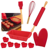 Kit Utensilios de Cozinha em Silicone e Bambu Pincel + Fouet + Rolo + Luva + Forma Bolo + 6 Formas Corao