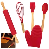Kit Utensilios de Cozinha em Silicone e Bambu com Colher + Pincel + Fouet + Rolo + Luva