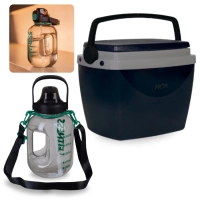 Kit Garrafa Fitness 1,8 Lts com Alas Suporta Celular + Caixa Termica Preta 6 Litros Pequena