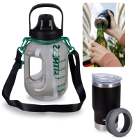 Kit Garrafa Fitness 1,8 Lts com Alas Suporta Celular + Copo Trmico 5 em 1 Preto 420ml com Abridor