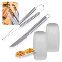 Kit para Churrasco em Ao Inox 2 Peas Faca e Pegador + 2 Pratos para Petiscos 30cm