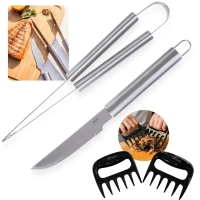 Kit para Churrasco em Ao Inox 2 Peas Faca e Pegador + Par Garra de Urso Desfiador Cortador de Carne