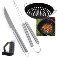 Kit para Churrasco 2 Peas Faca e Pegador Ao Inox + Panela para Grelha com Ala + Escova Limpa Grill