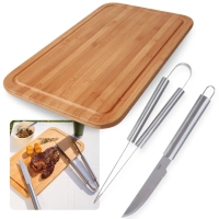 Kit para Churrasco 2 Peas Faca e Pegador em Ao Inox + Tbua de Carne 50cm em Bambu