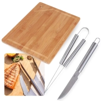 Kit para Churrasco 2 Peas Faca e Pegador em Ao Inox + Tbua de Carne Retangular 35 Cm em Bambu