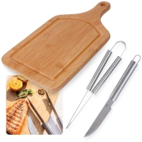 Kit para Churrasco 2 Peas Faca e Pegador em Ao Inox + Tbua de Carne 50cm Grande em Bambu com Ala