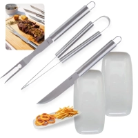 Kit para Churrasco 3 Peas Faca Garfo e Pegador Ao Inox + 2 Pratos para Petiscos 30cm