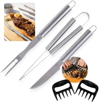 Kit para Churrasco 3 Peas Faca Garfo e Pegador Ao Inox + Par Garra de Urso Desfiador Cortador de Carne
