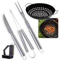 Kit para Churrasco 3 Peas Faca Garfo e Pegador Ao Inox + Panela para Grelha com Ala + Escova Limpa Grill