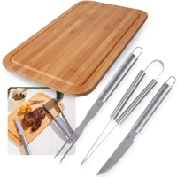 Kit para Churrasco 3 Peas Faca Garfo e Pegador Ao Inox + Tbua de Carne 50cm Grande em Bambu