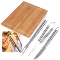 Kit para Churrasco 3 Peas Faca Garfo e Pegador Ao Inox + Tbua de Carne 35cm Retangular em Bambu