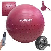 Kit Bola Suia 65cm de Pilates Textura Cravo Massage Ball + Mini Bomba + Rodinha Roda para Abdominal