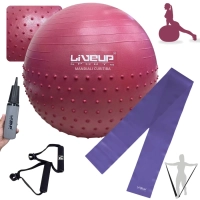 Kit Bola Suia 65cm Textura Cravo Massage Ball + Mini Bomba + Faixa Elstica Tenso Mdia + Par de Puxadores