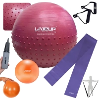 Kit Bola Suia 65cm Textura Cravo Massage Ball + Overball 25cm + Faixa Elstica Tenso Mdia + Par Puxador