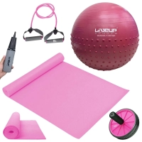 Kit Bola 65cm Massage Ball Cravo + Colchonete Eva 1,73m + Roda Abdominal + Extensor Elastico 1 Via