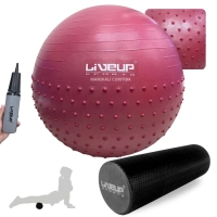 Kit Bola Suia 65cm Textura Cravo Massage Ball + Mini Bomba + Rolo 45cm Preto Texturizado Alongamento e Equilbrio