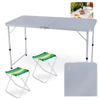 Kit Mesa Porttil Vira Maleta com Ala 1,20m + 2 Banquetas Dobraveis em Aluminio para Pesca Camping e Praia