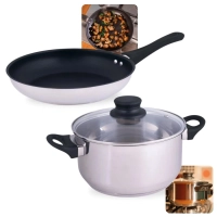 Kit Panela Caarola 21cm 3,2l com Tampa + Frigideira 25cm 1,8l Ao Inox Induo e a Gs / Fundo Triplo Mor