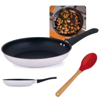Kit Frigideira 25cm Inox Antiaderente 1,8l Fundo Triplo Induo e Gs + Colher em Silicone e Bamboo