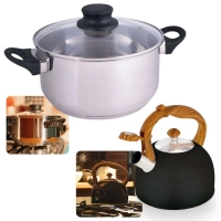 Kit Panela Caarola 21cm em Inox 3,2l Fundo Triplo Induo e Gs + Chaleira em Inox com Apito 2,5l Wood Preta