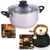 Kit Panela Caarola 25cm em Inox 5,3l Fundo Triplo Induo e Gs + Chaleira em Inox com Apito 2,5l Wood Preta
