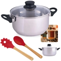 Kit Panela Caarola 21cm em Inox 3,2l Fundo Triplo Induo e Gs + Garfo e Colher em Silicone e Bamboo
