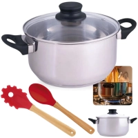 Kit Panela Caarola 25cm em Inox 5,3l Fundo Triplo Induo e Gs + Garfo e Colher em Silicone e Bamboo
