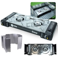 Kit Fogareiro a Gs Etna Maleta Porttil 2 Bocas Horizontal Inox Ntk + Protetor de Vento 1,48m Camping Pesca