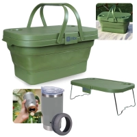 Kit Cesta Dobravel Tampa Vira Mesa Ntk para Picnic / Pesca + Copo Trmico 5 em 1 Cinza 420ml com Abridor