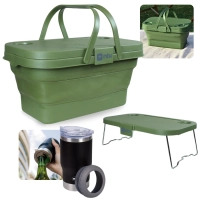 Kit Cesta Dobravel Tampa Vira Mesa Ntk para Picnic / Pesca + Copo Trmico 5 em 1 Preto 420ml com Abridor