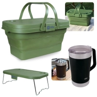 Kit Cesta Dobravel Tampa Vira Mesa Ntk Picnic / Pesca + Jarra Termica 1,9l Preta Parede Dupla Inox com Tampa
