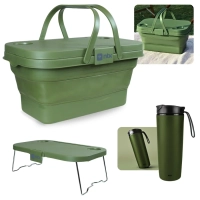 Kit Cesta Dobravel Tampa Vira Mesa Ntk Picnic / Pesca + Copo 450ml Ao Inox Antiqueda Verde com Tampa