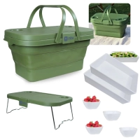 Kit Cesta Dobravel Tampa Vira Mesa Ntk Picnic / Pesca + 2 Travessas Estriadas 20,3cm + 4 Molheiras 225ml