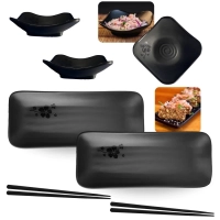Kit 2 Travessas 27,5cm Retangular Rasa + 2 Mini Tigelas 100ml + 2 Pares de Hashi Sushi Comida Japonesa