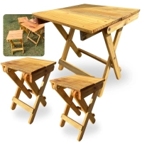 Kit Mesa + 2 Bancos de Madeira Dobravel Rustica Artesanal para Camping, Pesca e Jardim