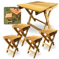 Conjunto de Mesa + 4 Bancos de Madeira Dobravel Rustica Artesanal para Camping, Pesca e Jardim
