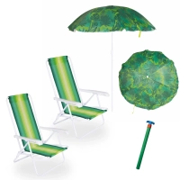 Kit 2 Cadeiras de Praia 4 Posies em Ao + Guarda Sol 1,30m + Saca Areia Colorido