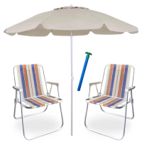 Kit 2 Cadeiras de Praia em Alumnio Alta Coloridas + Guarda Sol 2 Metros Bege + Saca Areia