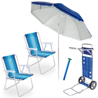 Kit 2 Cadeiras de Praia Aluminio + Guarda-sol 2 M Articulado + Carrinho com Avano + Saca Areia