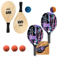 Kit 2 Raquetes para Beach Tennis Lilas + Jogo Frescobol em Madeira Aloha + 5 Bolinhas