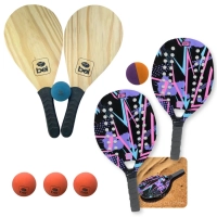 Kit 2 Raquetes para Beach Tennis Lilas + Jogo Frescobol em Madeira + 5 Bolinhas