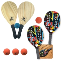 Kit 2 Raquetes para Beach Tennis Red + Jogo Frescobol em Madeira + 5 Bolinhas