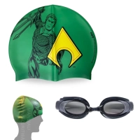 Kit Touca Infantil + Oculos de Natao Preto Personagem Aquaman Liga da Justia para Praia