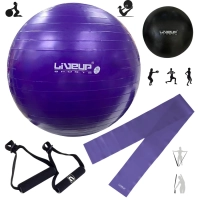 Kit Pilates Bola Sua 55cm + Faixa Elstica Mdia + Overball 25cm Preta + Par de Pegadores Yoga