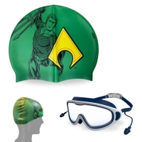 Kit Touca Infantil Personagem Aquaman Liga da Justia + Oculos de Natao com Protetor de Ouvido para Praia