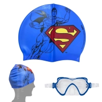 Kit Touca Infantil + Oculos de Natao com Proteo Nasal Personagem Super-homem Liga da Justia para Praia