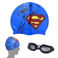 Kit Touca Infantil + Oculos de Natao Preto Personagem Super-homem Liga da Justia para Praia