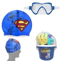Kit Touca Infantil + Oculos de Natao com Proteo Nasal Personagem Super-homem + Baldinho para Praia